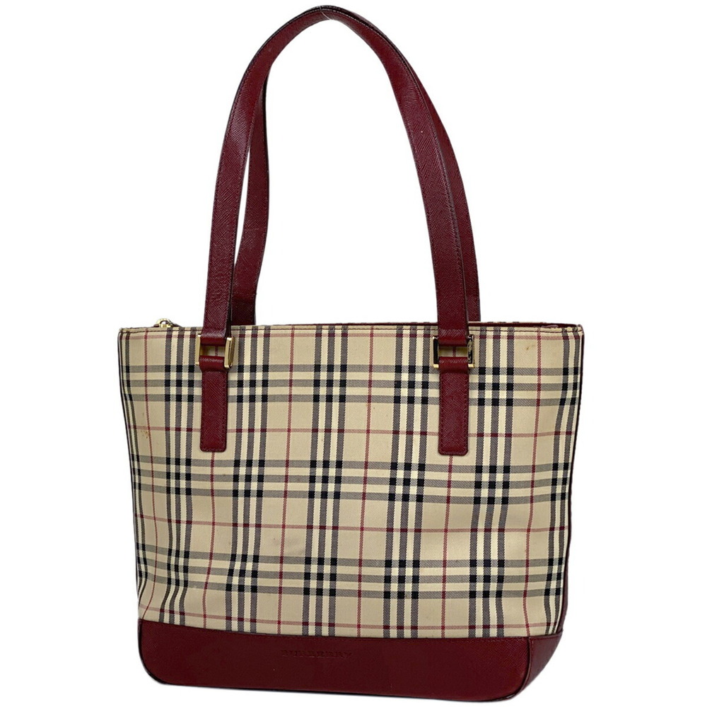 Burberry logo tote bag check handbag canvas beige Burgundy Red